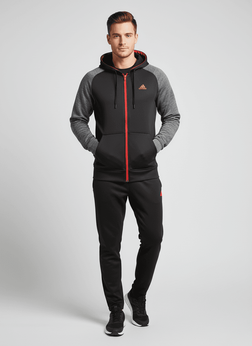 Bluza rozpinana z kapturem Adidas Czarny z szarymi rękawami i czerwonymi detalami