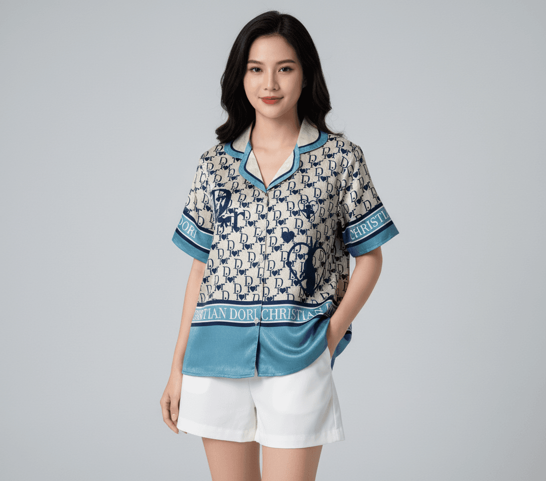 Short-sleeved shirt Phuonglinh Cream, navy, and teal